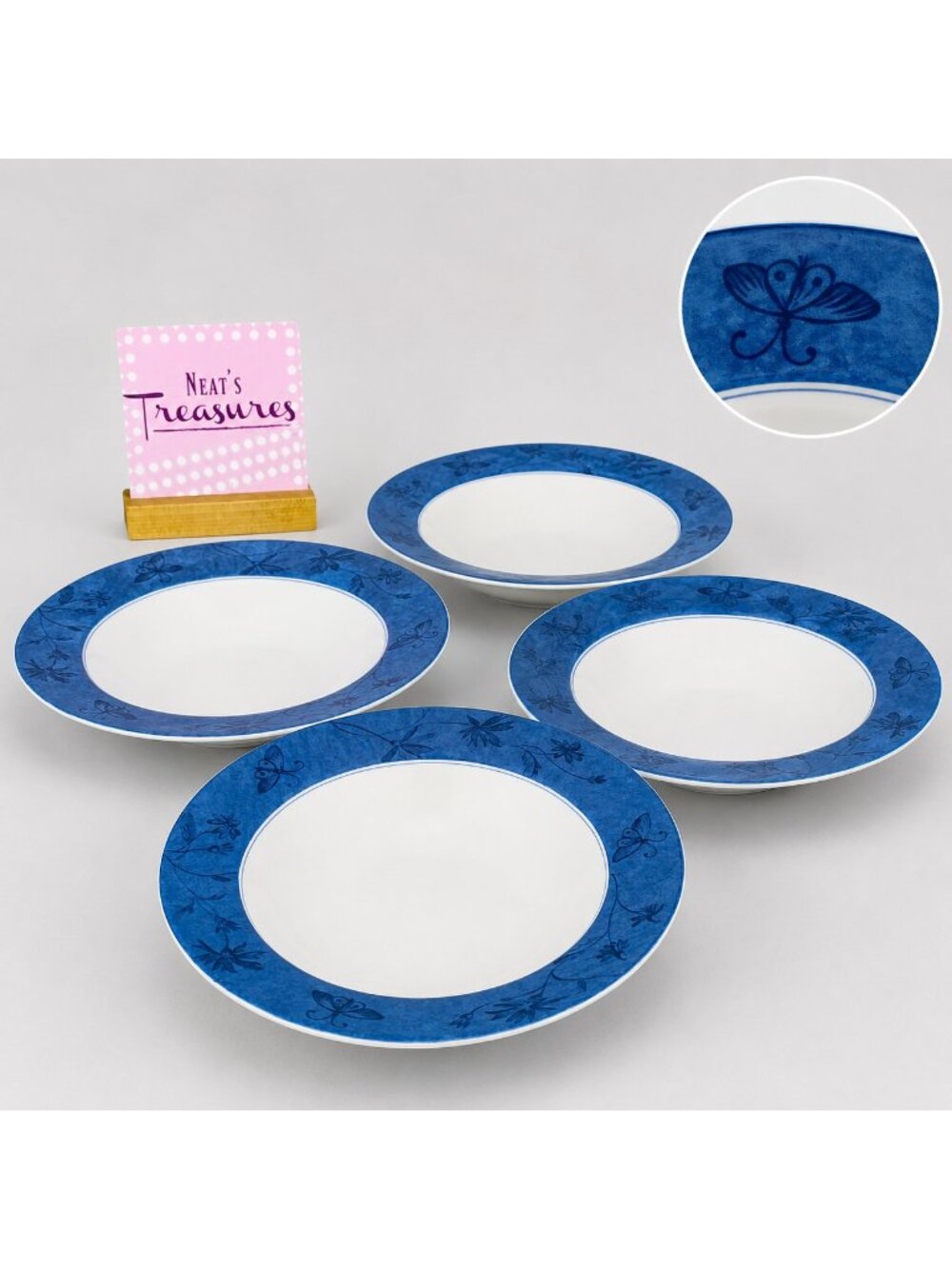 Coventry BLUE BUTTERFLY White Blue Porcelain Large Rim 9 1/4" Soup Bowls Set 4